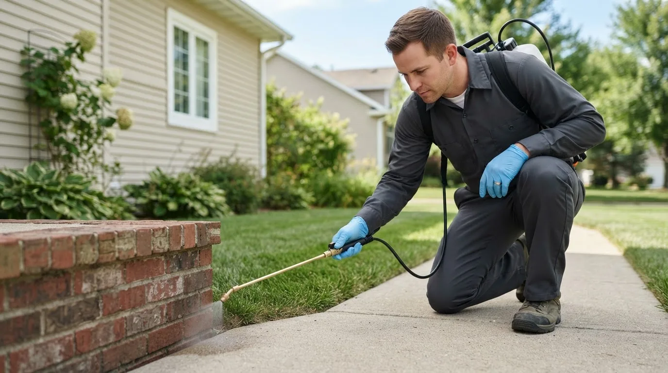 Pest control technician treating a home near Oakham, MA