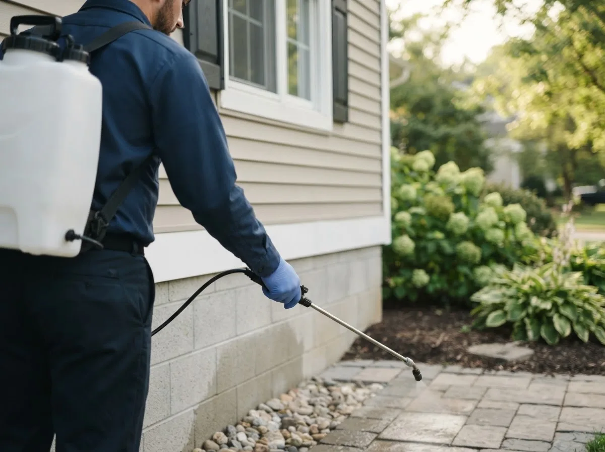 Pest control technician inspecting a home in Oakham, MA